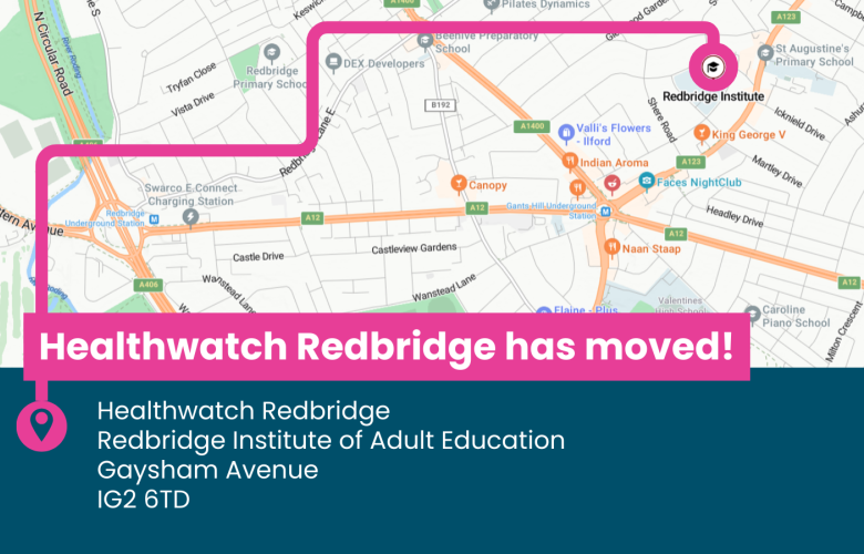 An digital map of Redbridge. A line snakes from text that reads 'Healthwatch Redbridge has moved! Healthwatch Redbridge, Redbridge Institute of Adult Education, Gaysham Avenue, IG2 6TD' and ends at the Redbridge Institute on the map