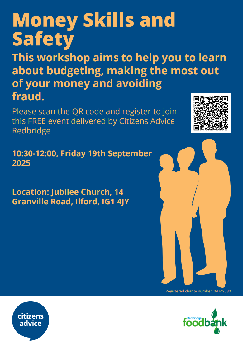 A poster of the citizens advice poster advertising the money skills and safety workshop
