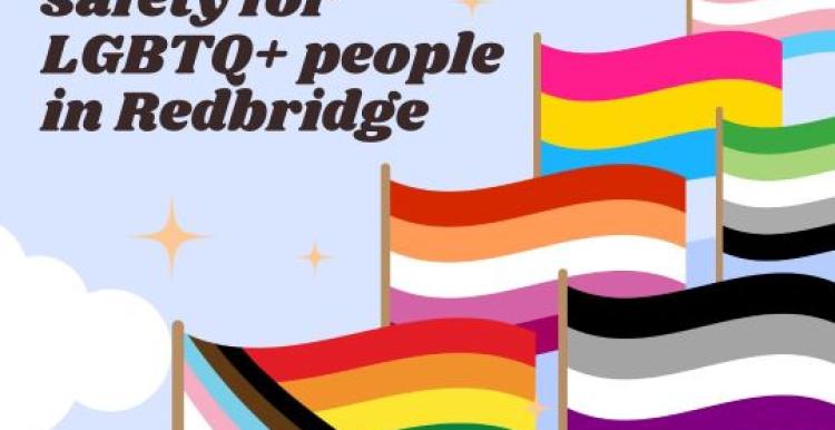 An illustration showing different pride flags and text that reads 'community safety for LGTBQ+ people in Redbridge'