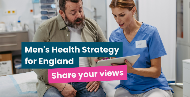 A photo of a man talking to a doctor in a hospital room. Text reads 'men's health strategy for England: share your views'