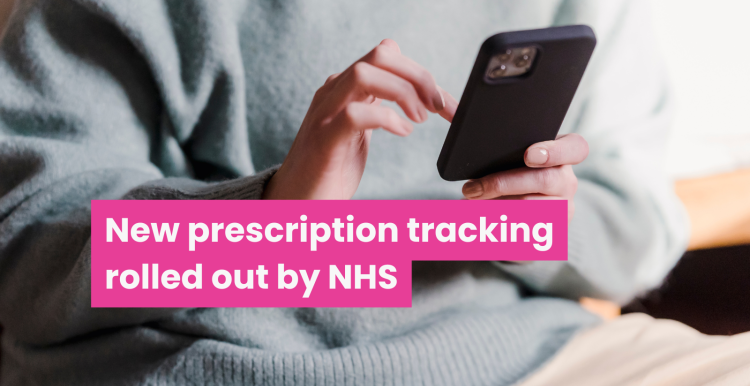 A photo of a person on their phone with text that reads 'new prescription tracking rolled out by NHS'