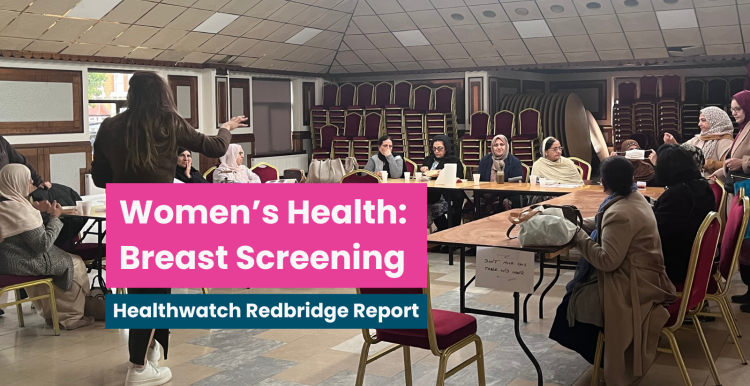 A photo of a group of people in a community hall watching a speaker present. Text reads 'women's health: breast screening. Healthwatch Redbridge report'