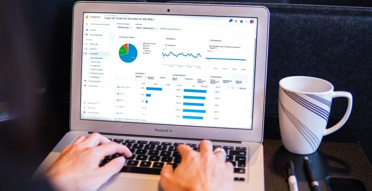 Charts and bar graphs on laptop screen 