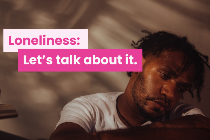 A photo of young man looking forlorn, text reads 'loneliness: let's talk about it'