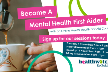 A photo of a person pouring a cup of coffee into two mugs. Brightly coloured graphics are overlaid. Text reads 'become a mental health first aider with an online mental health first aid course. sign up for our sessions today: thursday 7 November 9am - 1pm, friday 8 november 9am - 1pm, thursday 14 november, 9 am - 1pm, friday 15 november 9am -1pm 