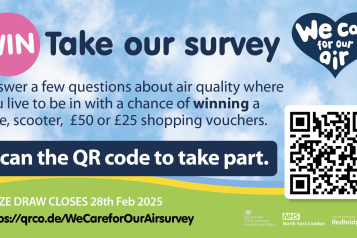 A graphic advertising a survey from We Care for Our Air. Participants have the chance to be entered into a prize draw. 