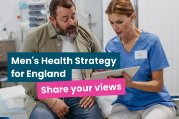 A photo of a man talking to a doctor in a hospital room. Text reads 'men's health strategy for England: share your views'