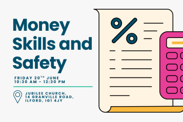 A graphic image advertising the money skills and safety workshop with an illustration of a financial statement and calculator