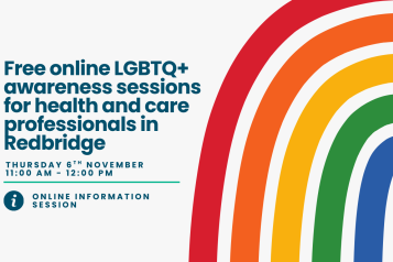 A photo of a title card with an illustration of a rainbow. Text reads 'free online LGBTQ+ awareness sessions for health and care professionals in Redbridge'