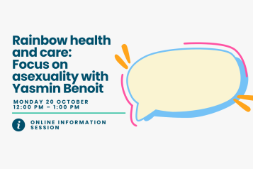 An illustration of a speech bubble next to text that reads 'rainbow health and care: focus on asexuality with Yasmin Benoit'