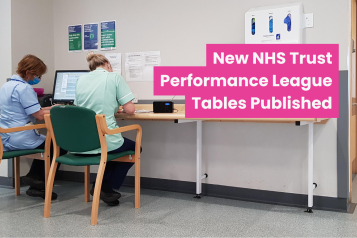 A photo of two nurses in a hospital sat at a desk working. Their backs are to the camera. Text reads 'new NHS trust performance league tables published'
