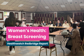 A photo of a group of people in a community hall watching a speaker present. Text reads 'women's health: breast screening. Healthwatch Redbridge report'