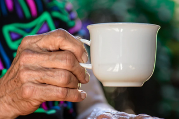 Elderly lady's hands holding a cup of tea