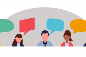 Illustration of group of people with speech bubbles