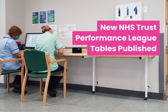 A photo of two nurses in a hospital sat at a desk working. Their backs are to the camera. Text reads 'new NHS trust performance league tables published'