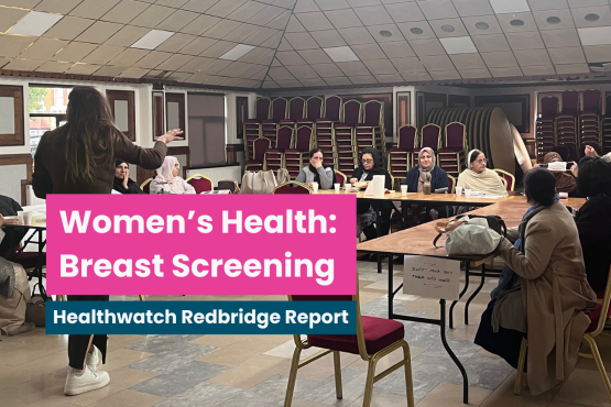 A photo of a group of people in a community hall watching a speaker present. Text reads 'women's health: breast screening. Healthwatch Redbridge report'