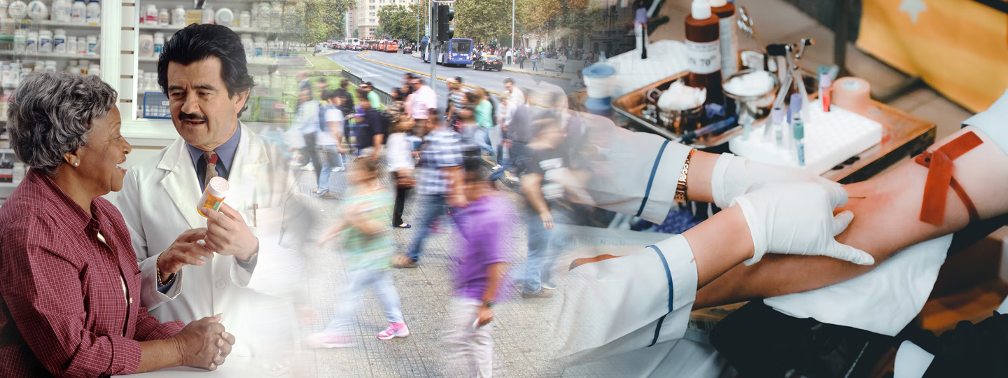 Photo montage of pharmacist and lady, people on street and blood test being given