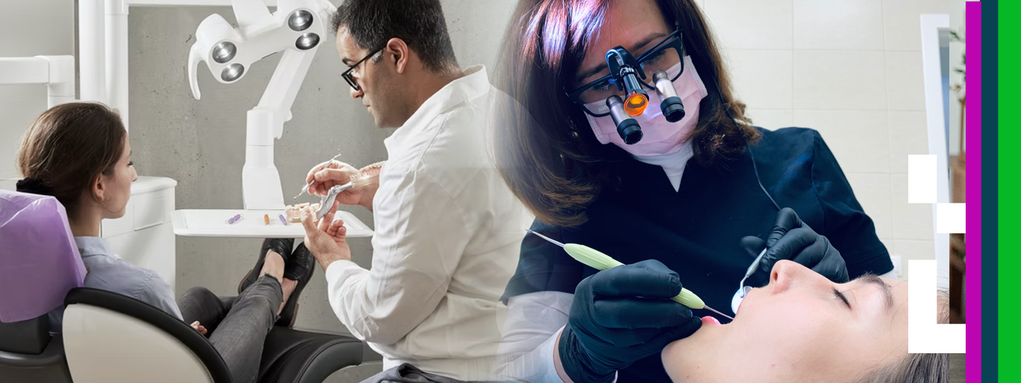 A male dentist showing a female patient x-rays, and a female dentist treating a female patient
