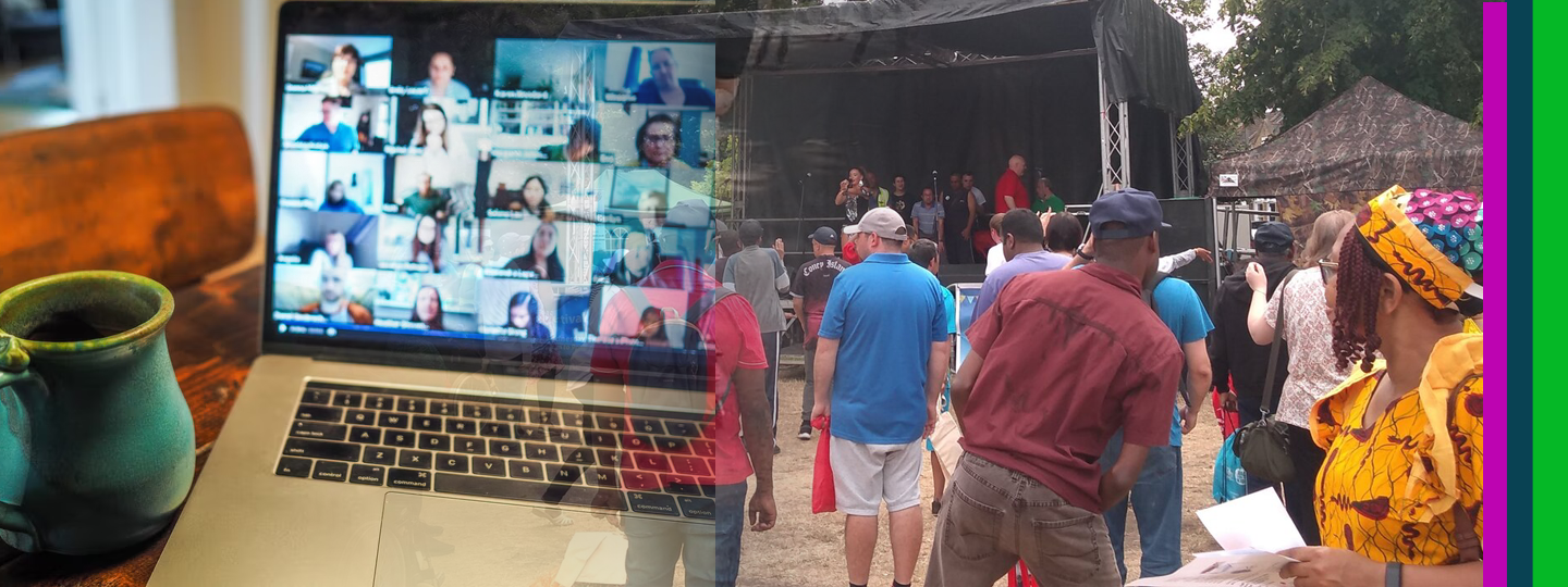 A laptop with people in a zoom meeting and people at a community festival outdoors 