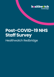 A blue graphic with white text that reads 'Post-COVID-19 NHS Staff Survey. Healthwatch Redbridge'
